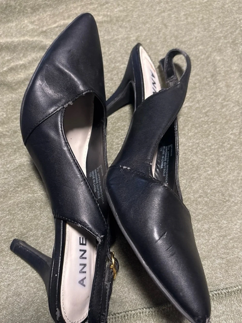 Anne Klein Black Pointed Toe Slingback Flats with Gold Buckle